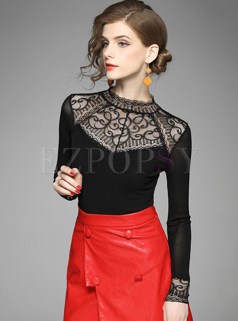 Sexy Lace Long Sleeve Stand Collar Top