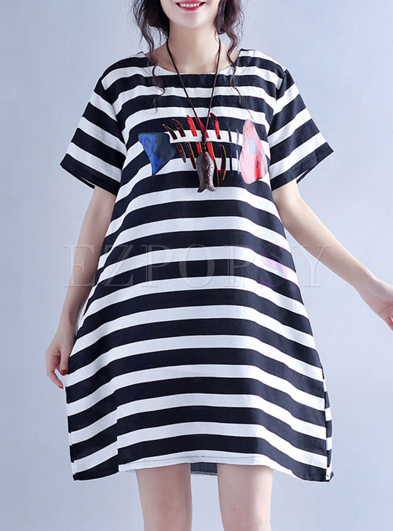 Causal Striped Print Short Sleeve T-shirt Dress