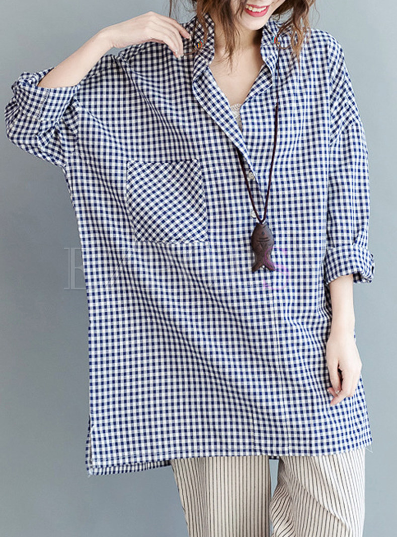 Casual Checked Turn Down Collar Blouse