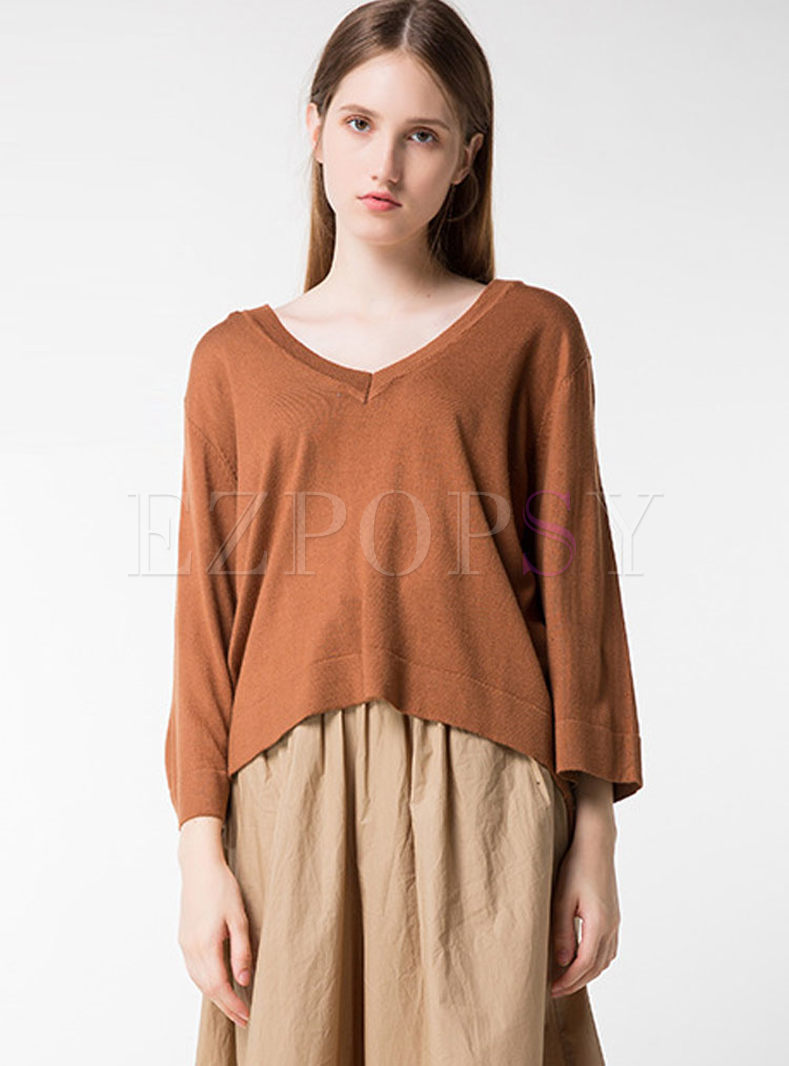 Causal V-neck Loose Long Sleeve Knitted Sweater