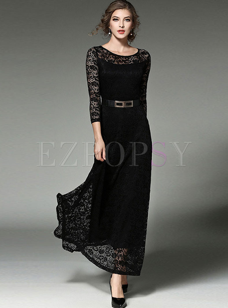 Dresses | Maxi Dresses | Lace Openwork Belted Long Sleeve Maxi Dress