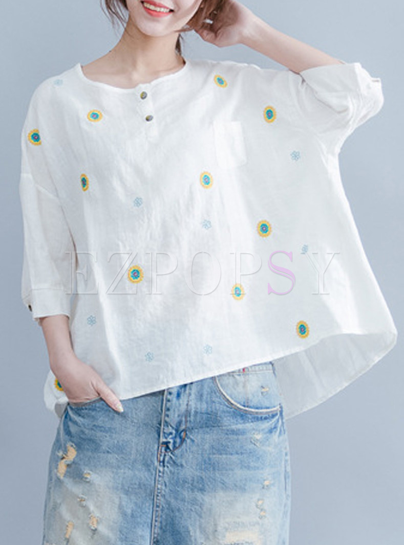 Casual Floral Button-detail T-shirt