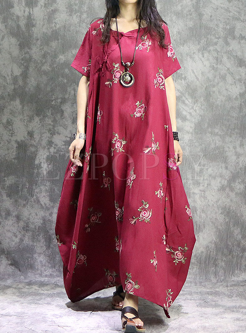 Dresses | Maxi Dresses | Vintage Embroidered Short Sleeve Loose Maxi Dress