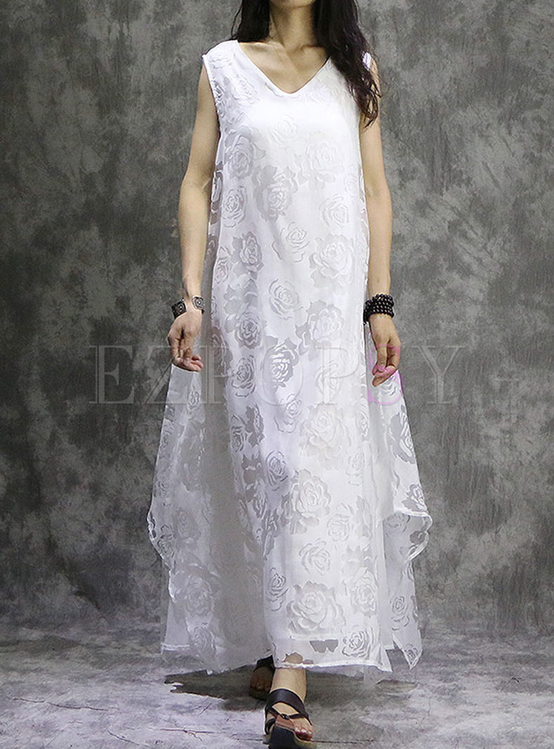 White Loose Asymmetry Sleeveless V-neck Maxi Dress