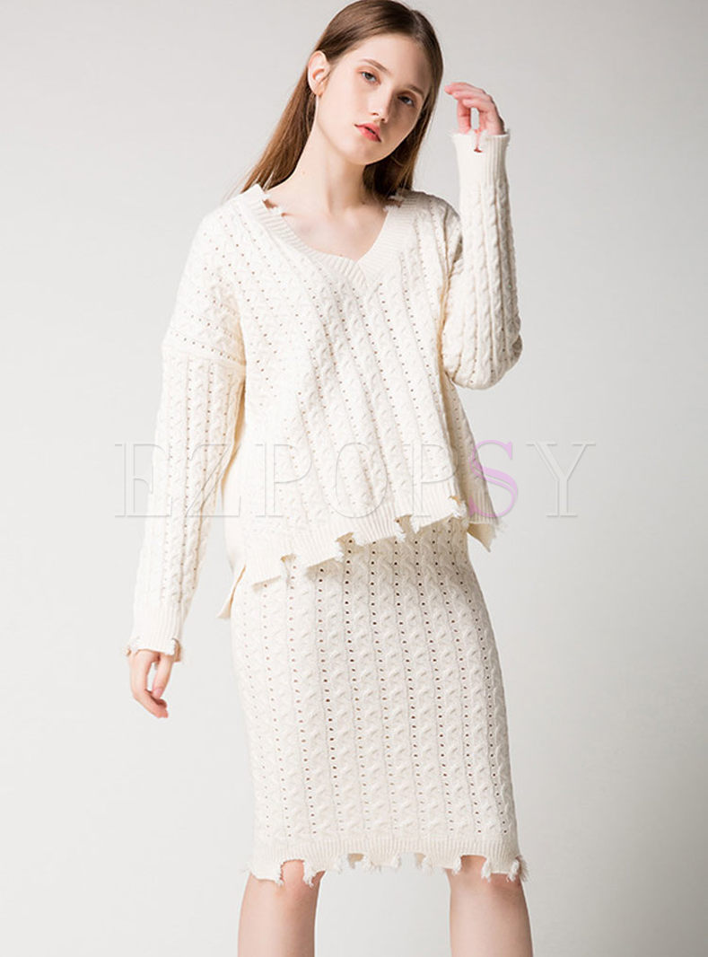 Sweet V-neck Long Sleeve Wool Knitted Two-piece Outfits