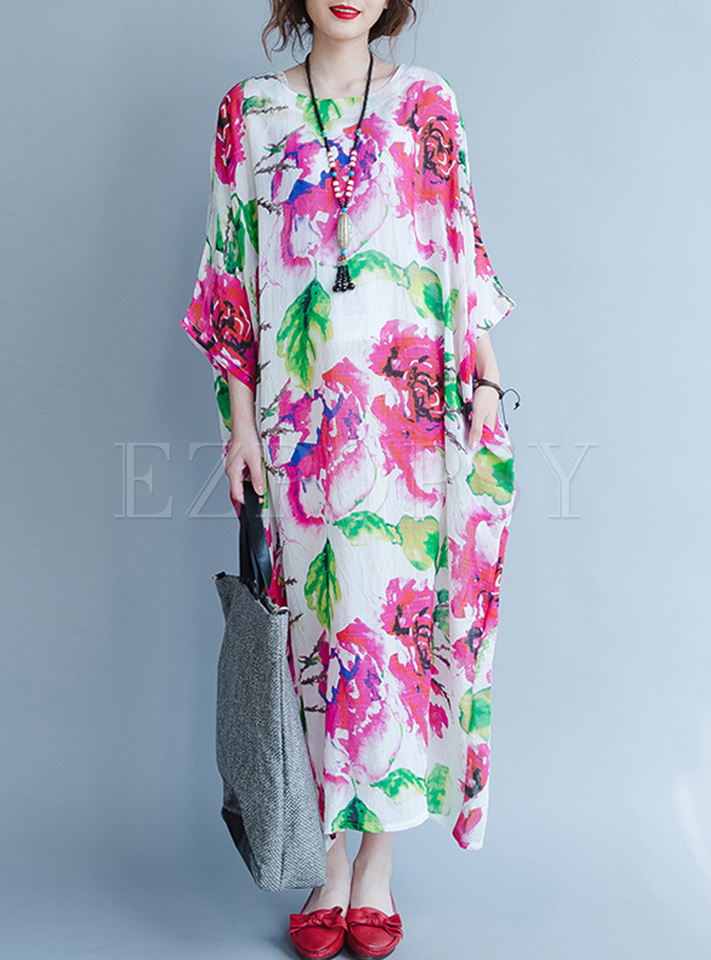 Casual Flower Print Bat Sleeve Maxi Dress
