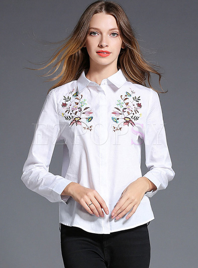 Tops | Blouses | White Embroidered Turndown Collar Blouse