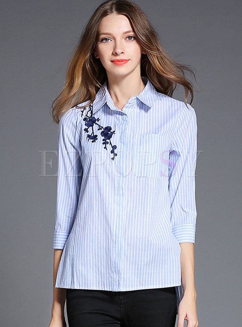 Stylish Striped Embroidered Turn Down Collar Blouse