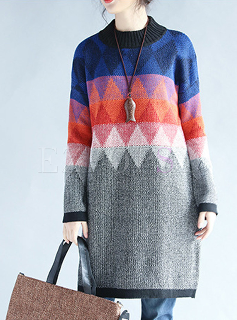 Fashion Loose Contrast Color Knitted Dress