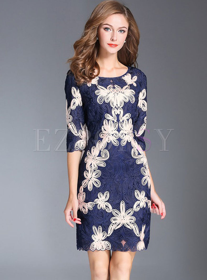 Lace Mesh Embroidered Half Sleeve Bodycon Dress