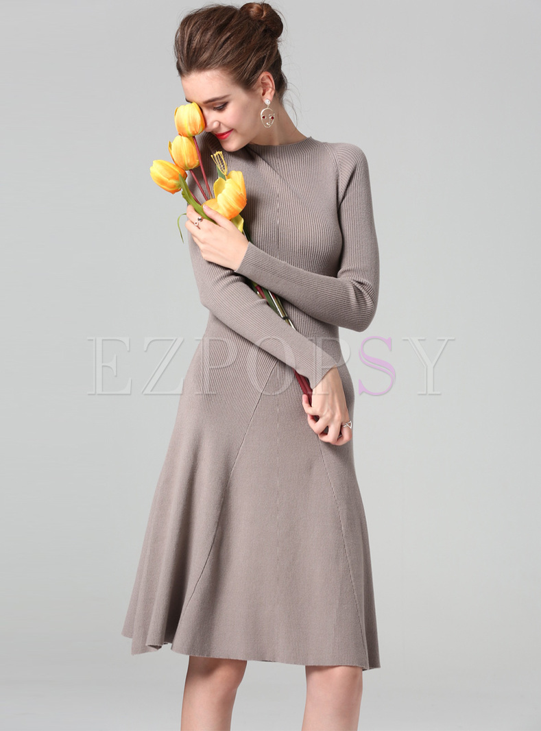 Brief Long Sleeve Big Hem Elastic Knitted Dress