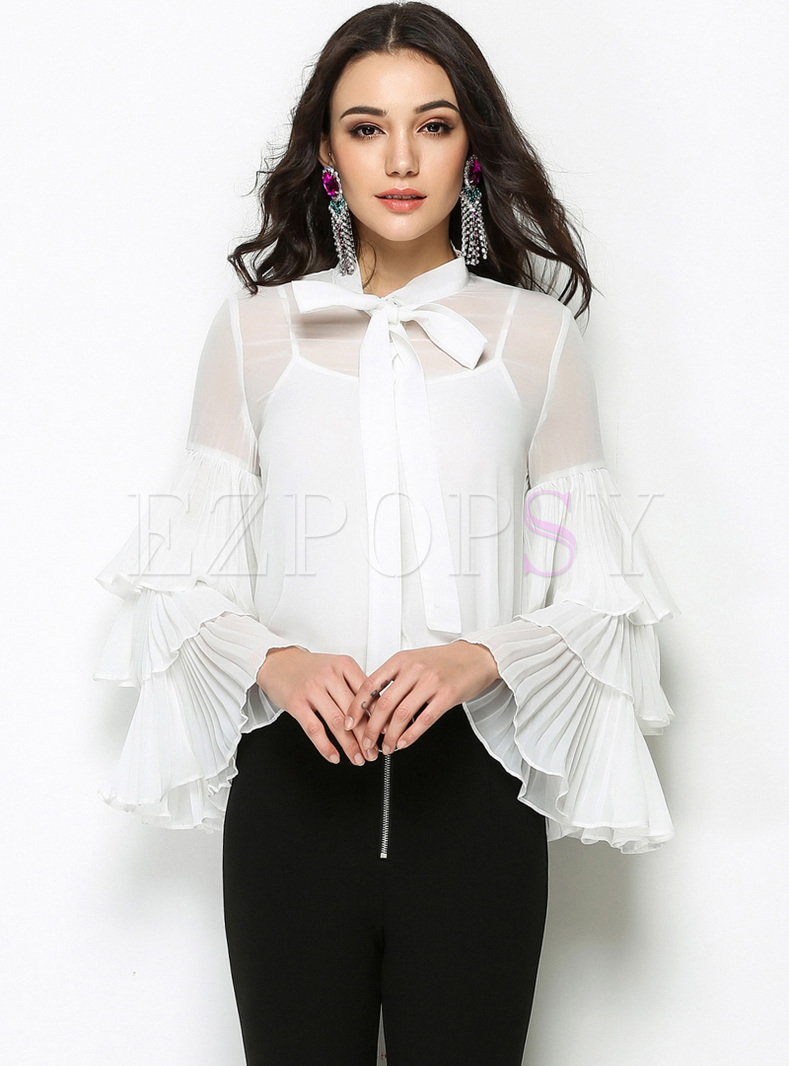 Tops | Blouses | White Layered Sleeve Tied-collar Blouse