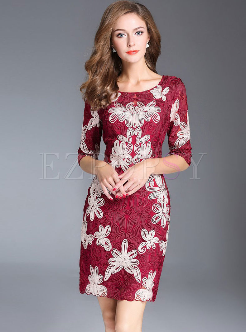 Lace Mesh Embroidered Half Sleeve Bodycon Dress