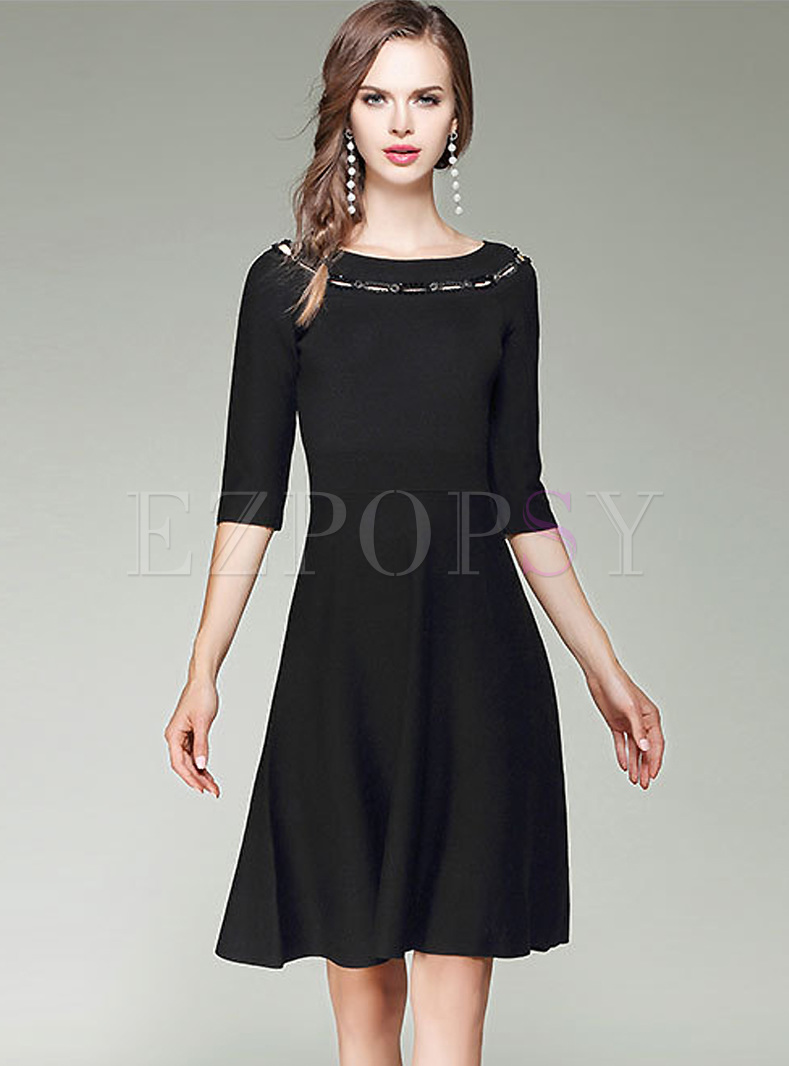 Black Beaded Hollow Knitted Dress