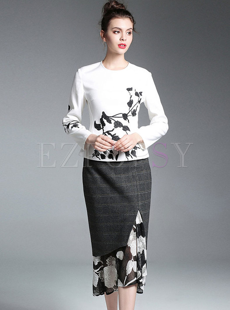 White Slim Embroidered Long Sleeve Top & Plaid Splicing Lace Hollow Out Bodycon Skirt