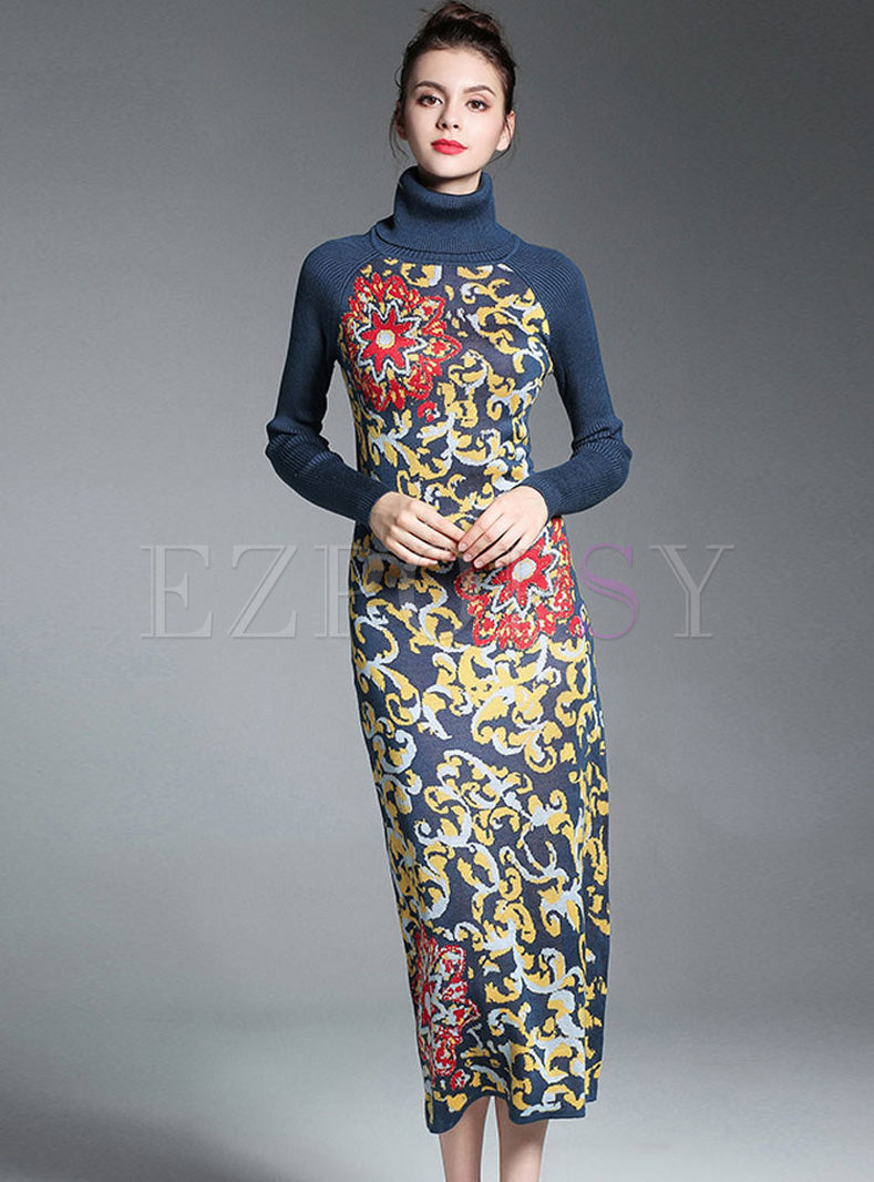 Ethnic Floral Print Turtle Neck Long Sleeve Knitted Dress