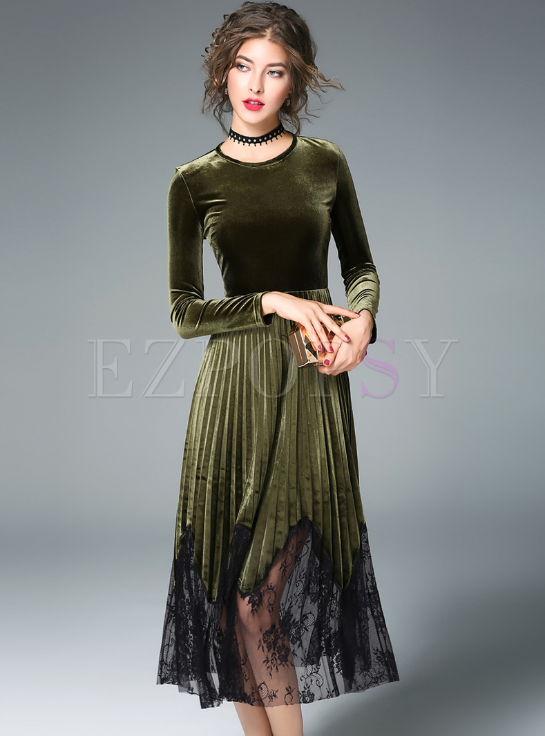 Elegant Velvet Splicing Mesh Long Sleeve Skater Dress | Ezpopsy.com