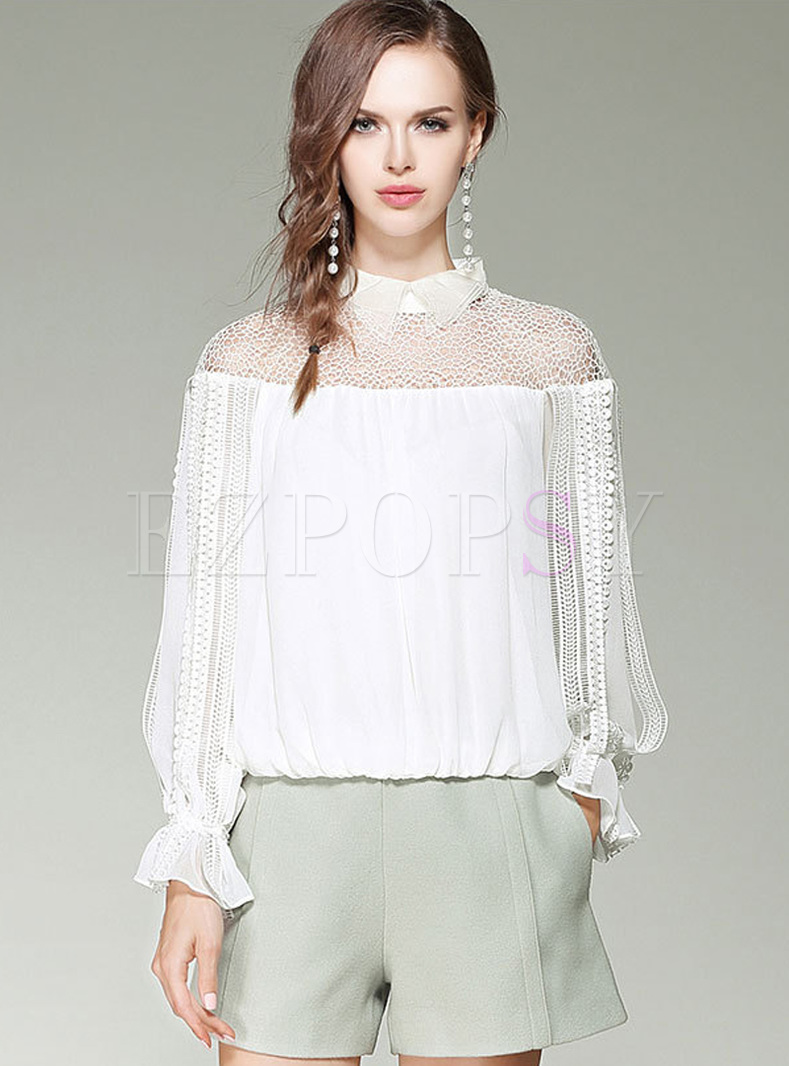 Chic Lapel Flare Sleeve Perspective Pullover Blouse