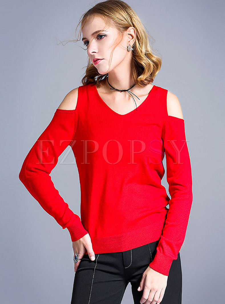 V-neck Off Shoulder Long Sleeve Knitted Wool Sweater