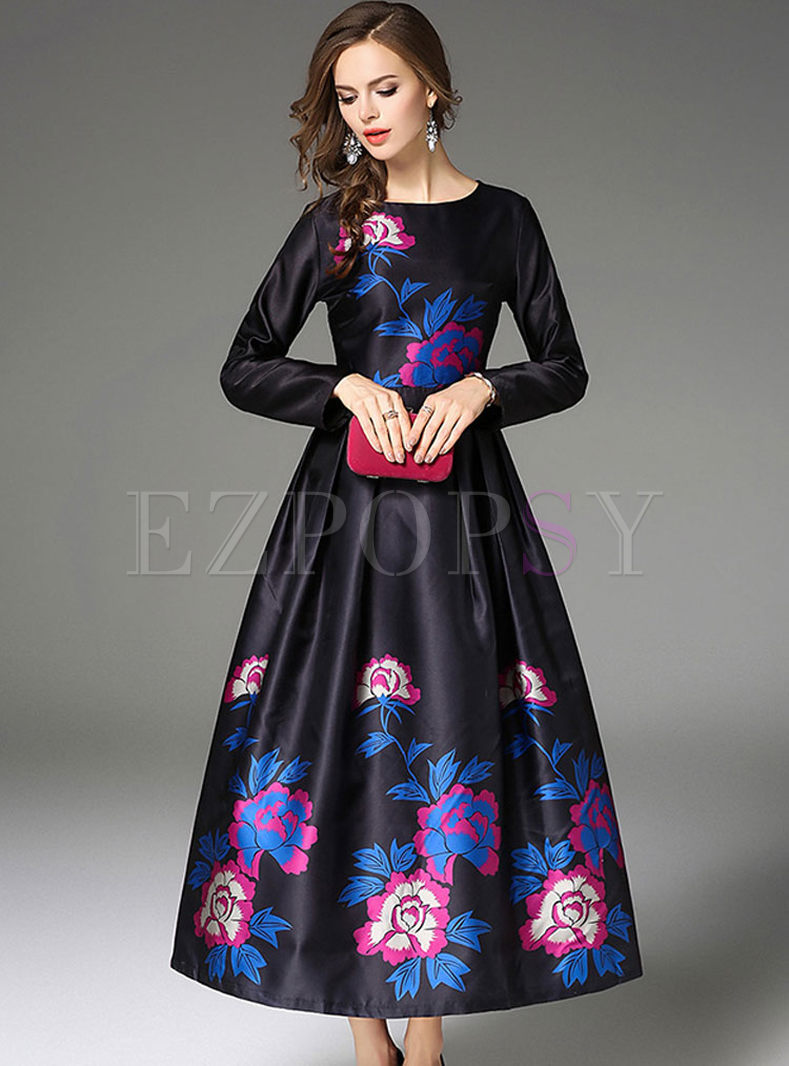 Black High Waist Floral Print Maxi Dress