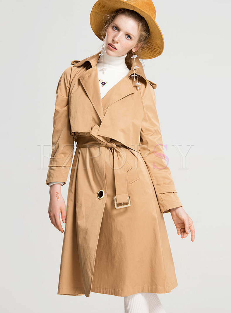 Casual Belted Turn Down Collar Trench Coat