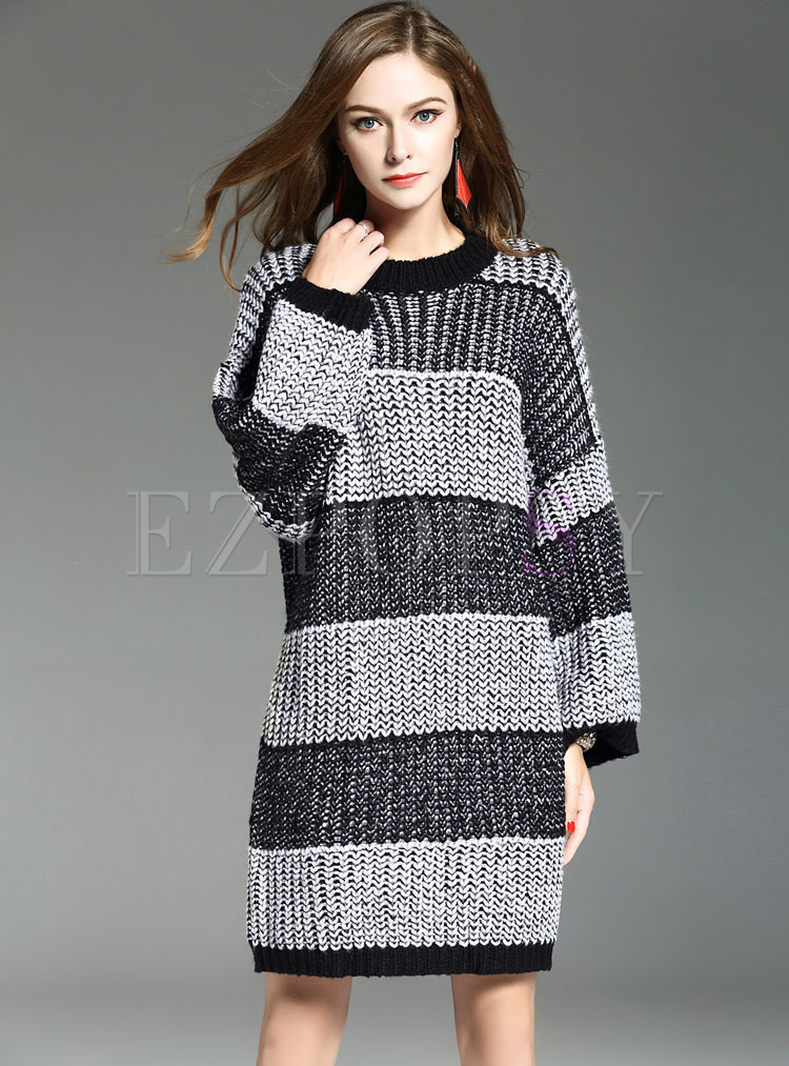 Causal Wide Striped Long Sleeve Knitted Dress