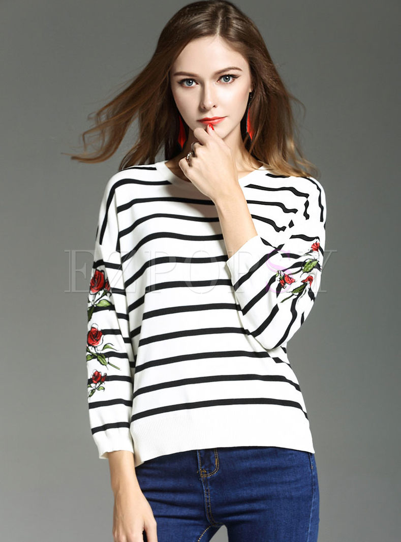 Striped Embroidered Long Sleeve Sweater