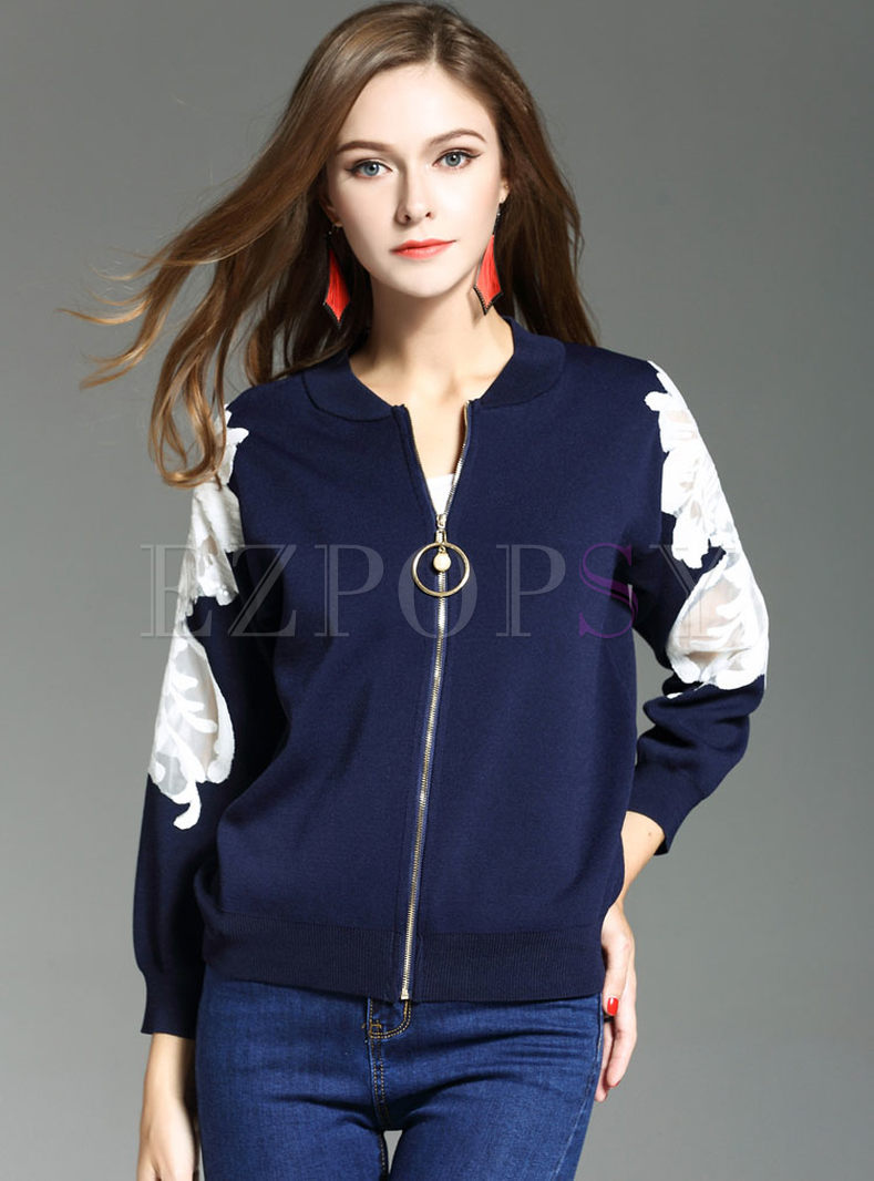 Embroidered Stand Collar Zipper Knitted Coat