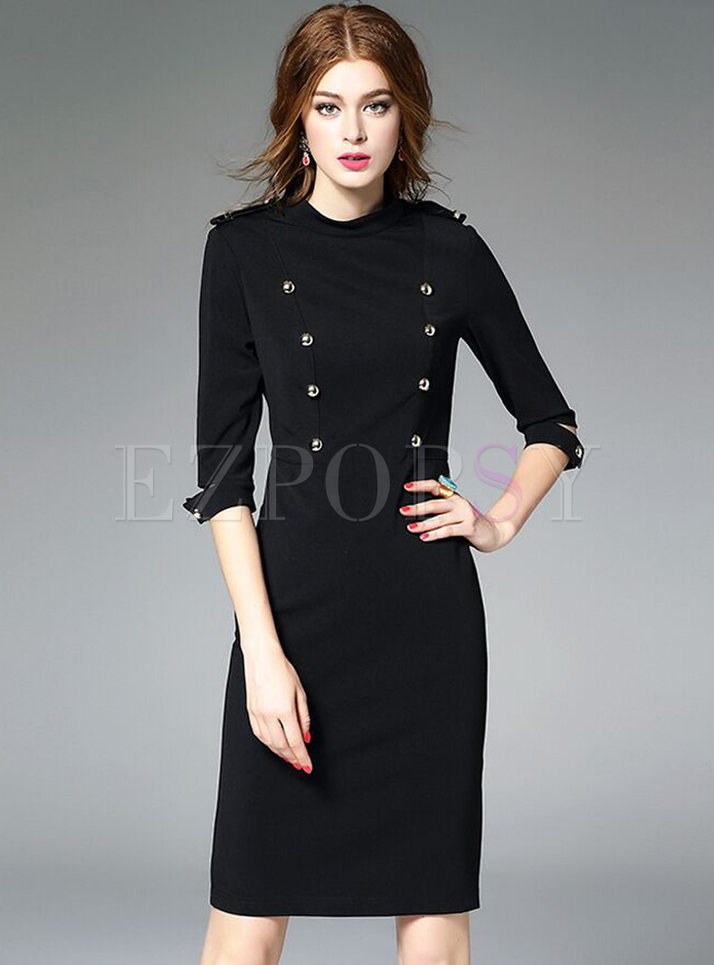 Vintage Autumn Double-Breasted Patch Skinny Dress