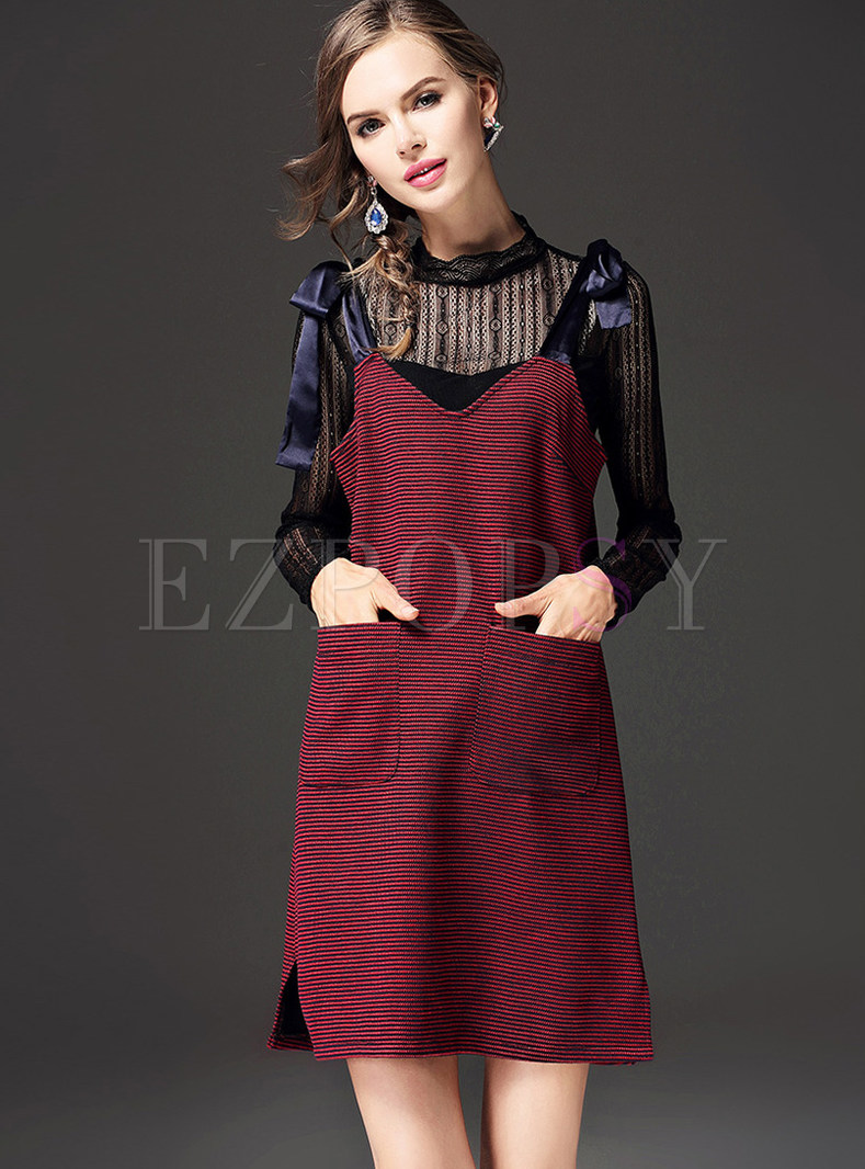 Sexy Through-out Lace Black T-shirt & Bowknot Design Suspenders Skater Dress
