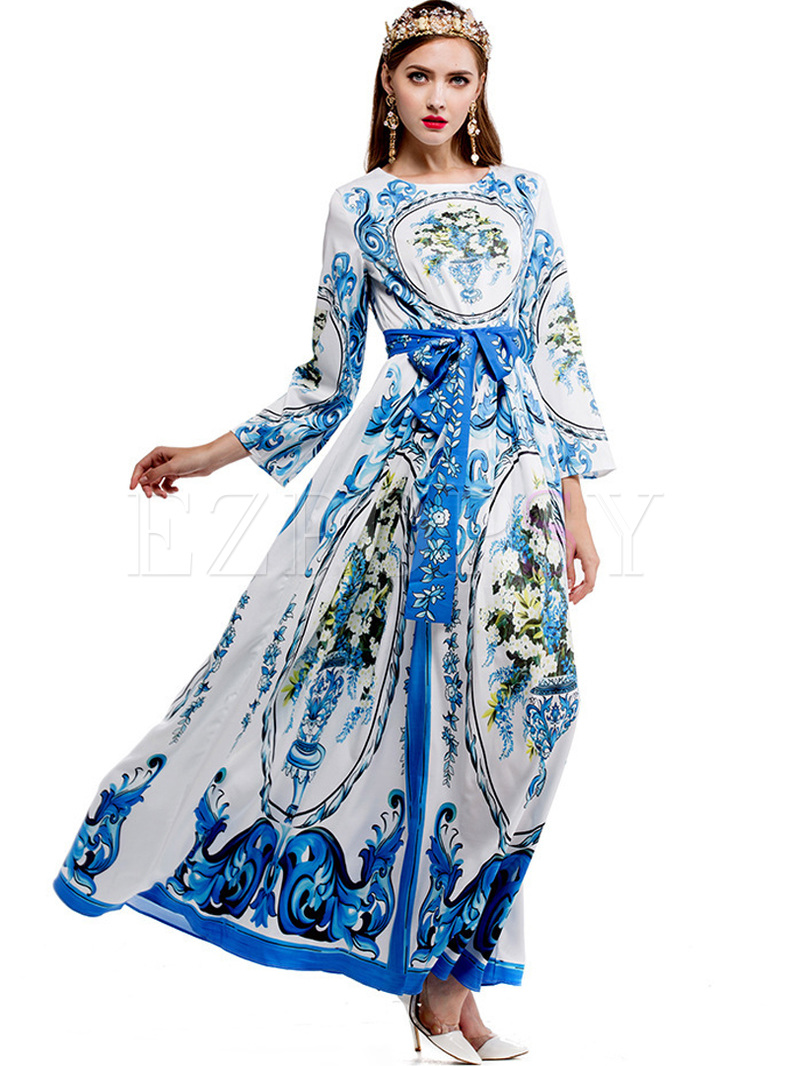 Court Floral Print High Waist Maxi Dress