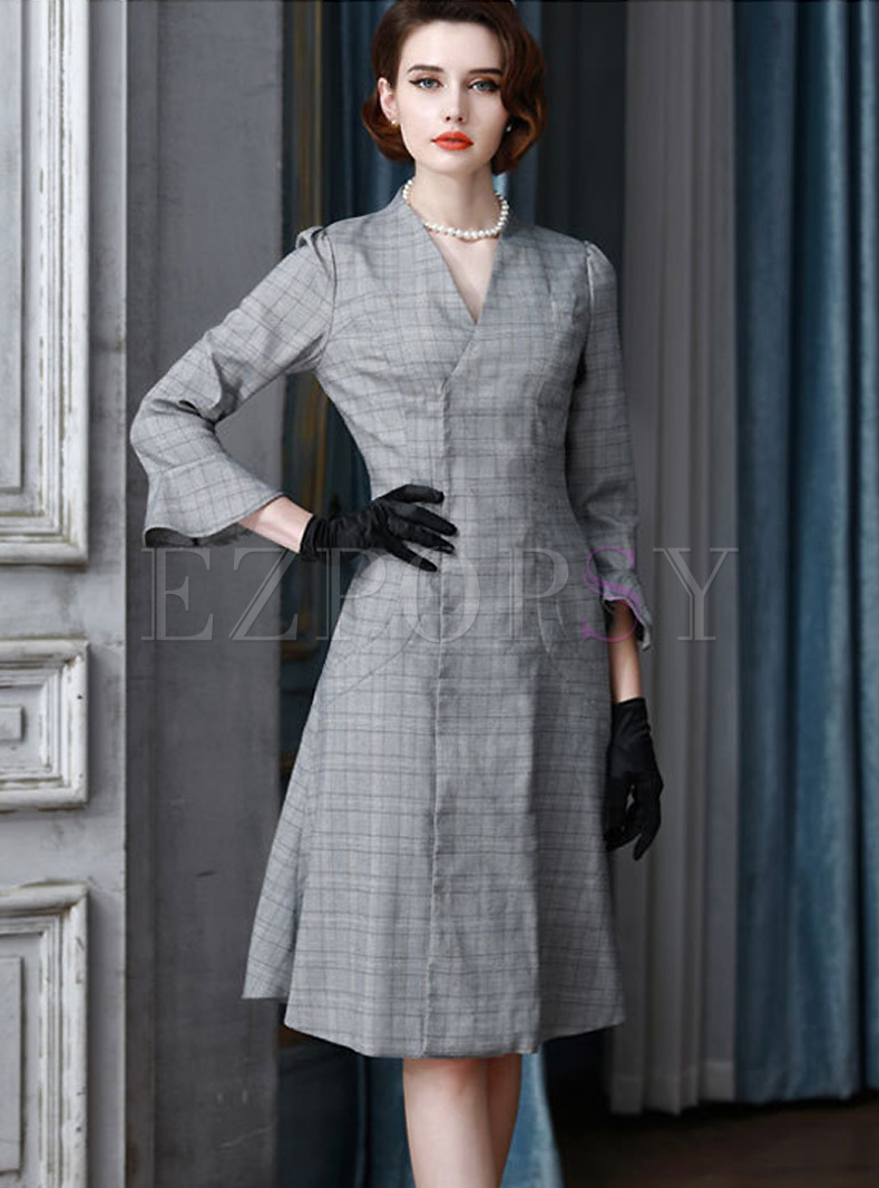 Elegant Plaid Print Flare Sleeve A-line Dress