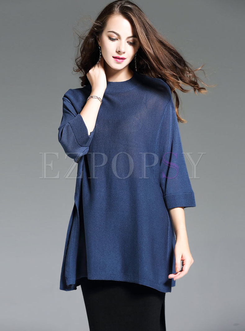 Loose Batwing Sleeve Slit Knitted Sweater