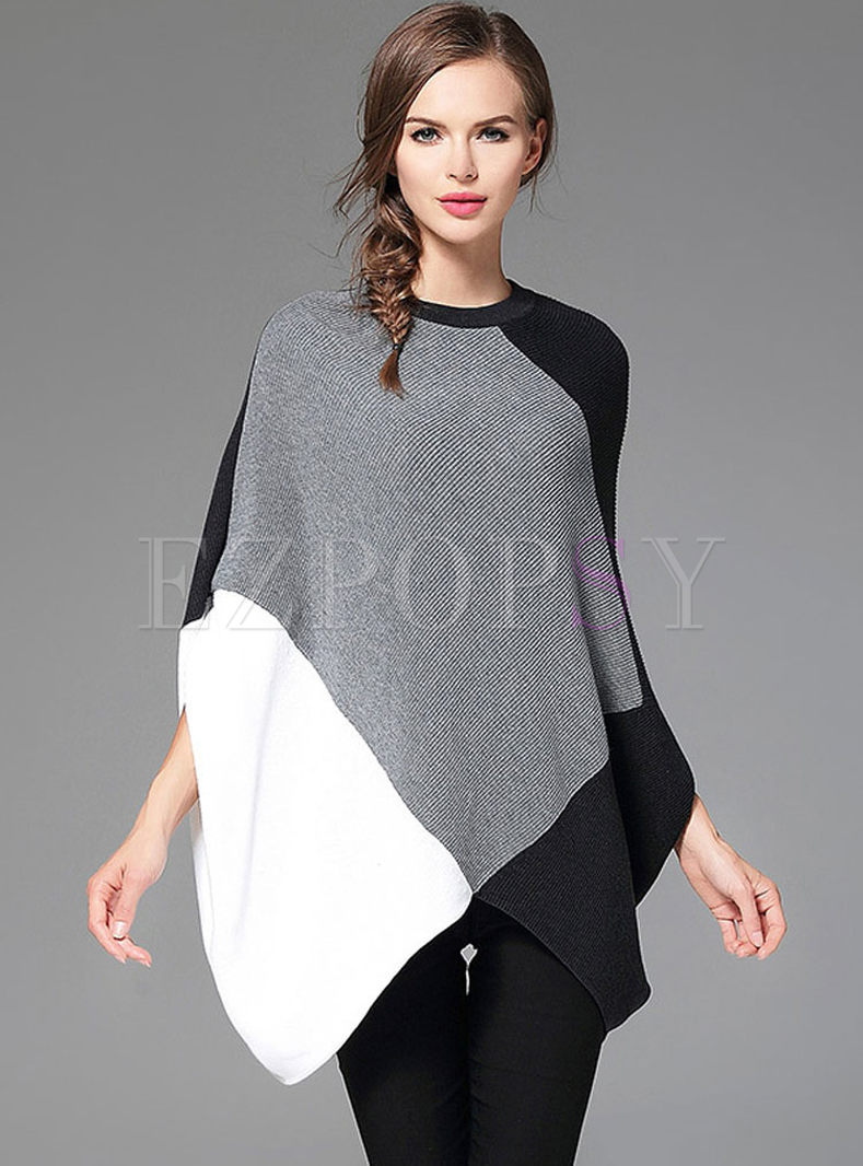 Hit Color Splicing Loose Asymmetry Knitted Sweater