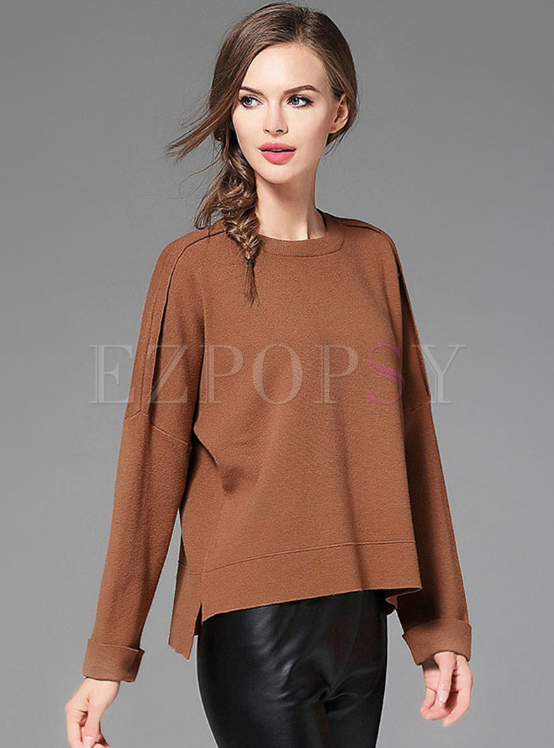 Causal Long Sleeve Slit Knitted Top