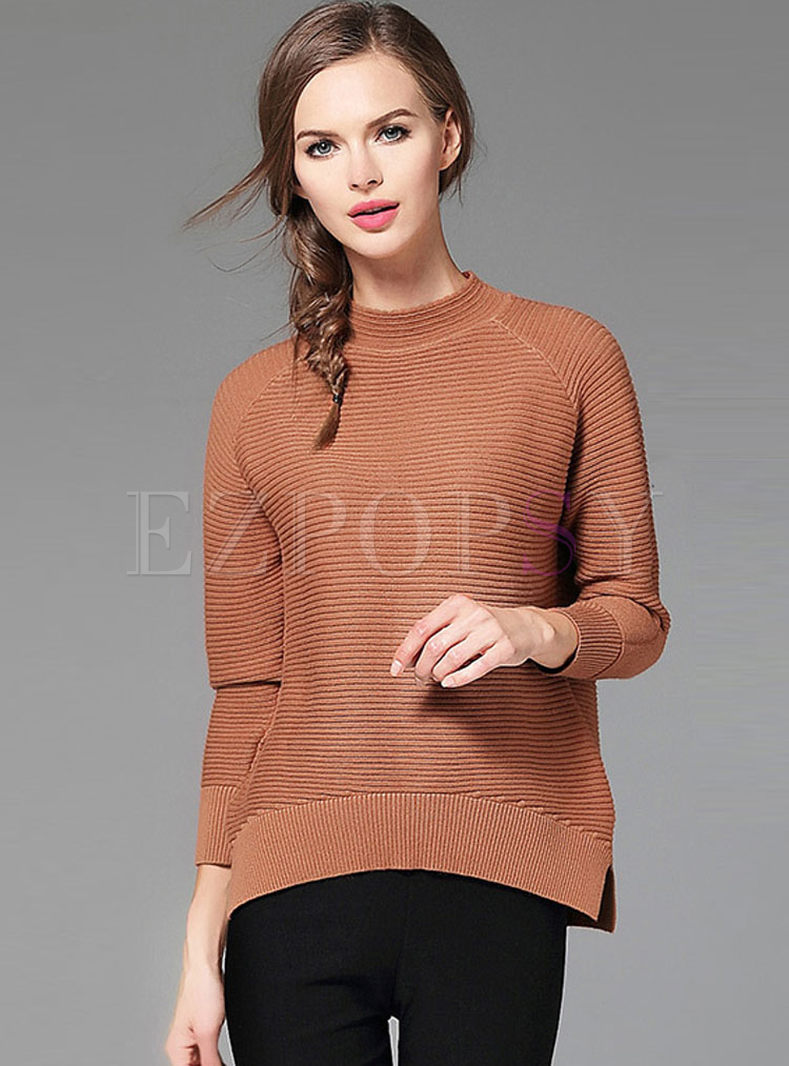 Fashionable Stand Collar Slit Long Sleeve Knitted Sweater