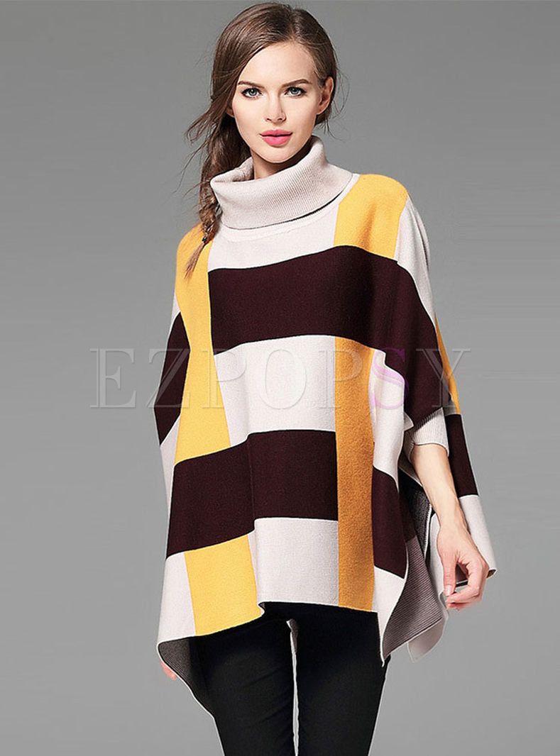 Stylish Hit Color Batwing Sleeve Turtle Neck Loose Sweater