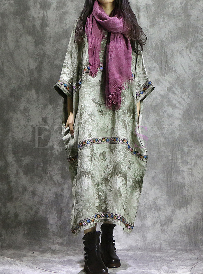 Ethnic Print Bat Sleeve Oversized Maxi Dress