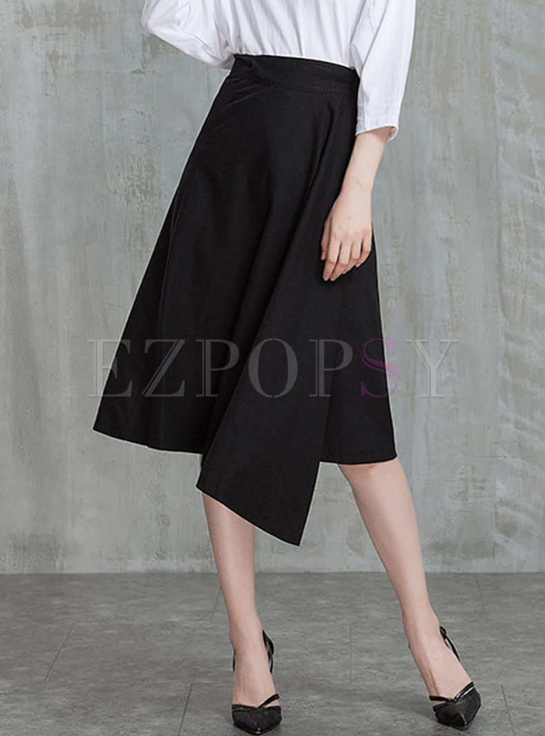 Pure Color Asymmetry Hem A-line Skirt