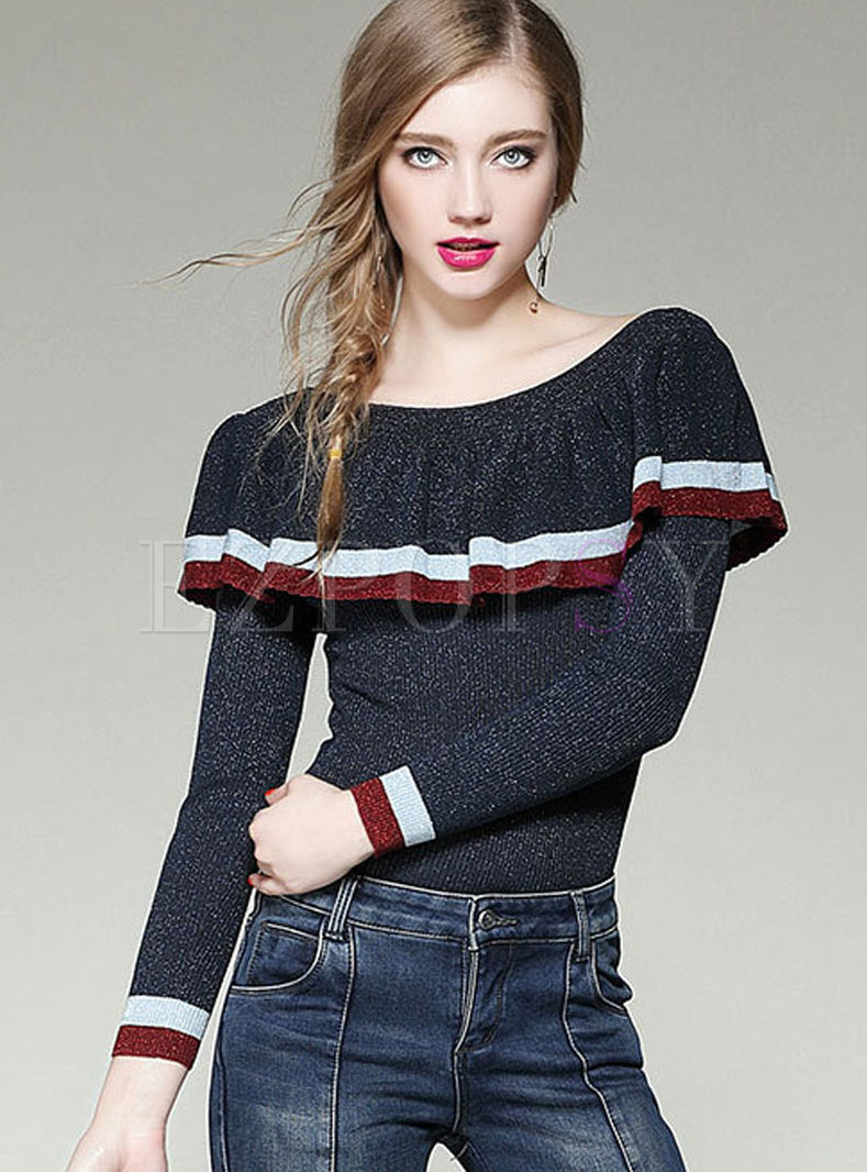 Sweet Off Shoulder Falbala Long Sleeve Wool Sweater