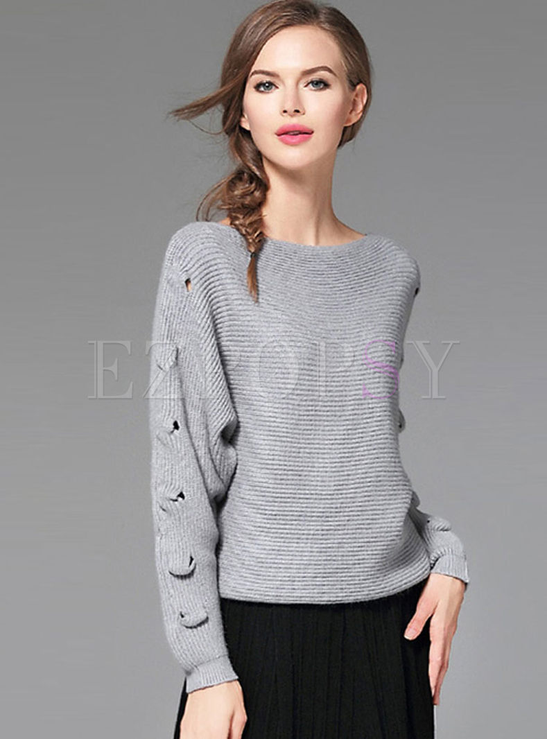 Grey Stylish Slash Neck Long Sleeve Knitted Sweater