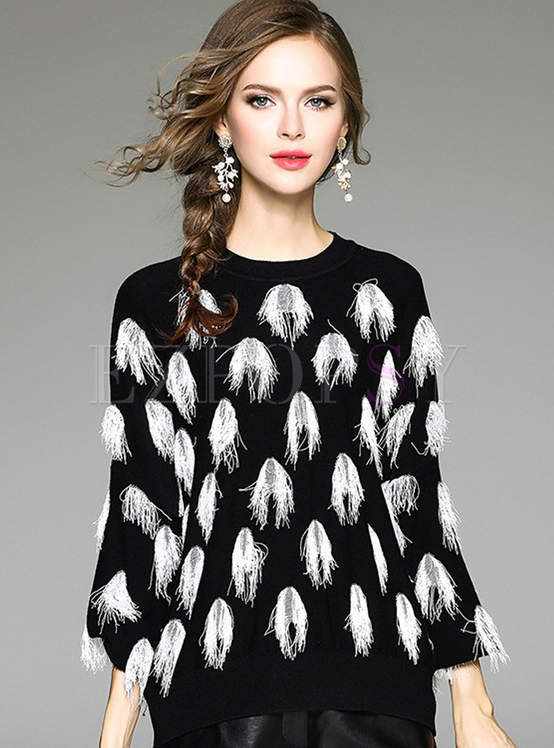 Black Stylish O-neck Fringe Contrast Color Sweater