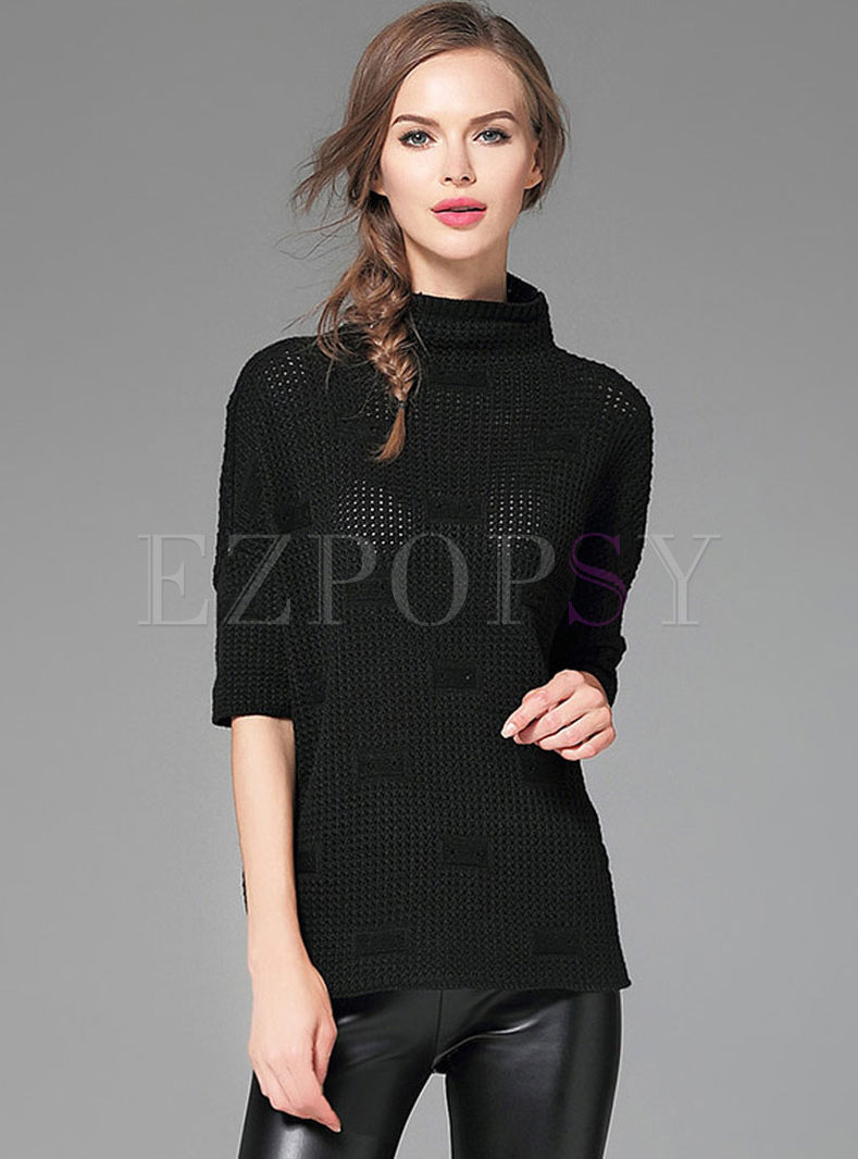 Hollow Out Turtle Neck Three Quarters Sleeve Sweater