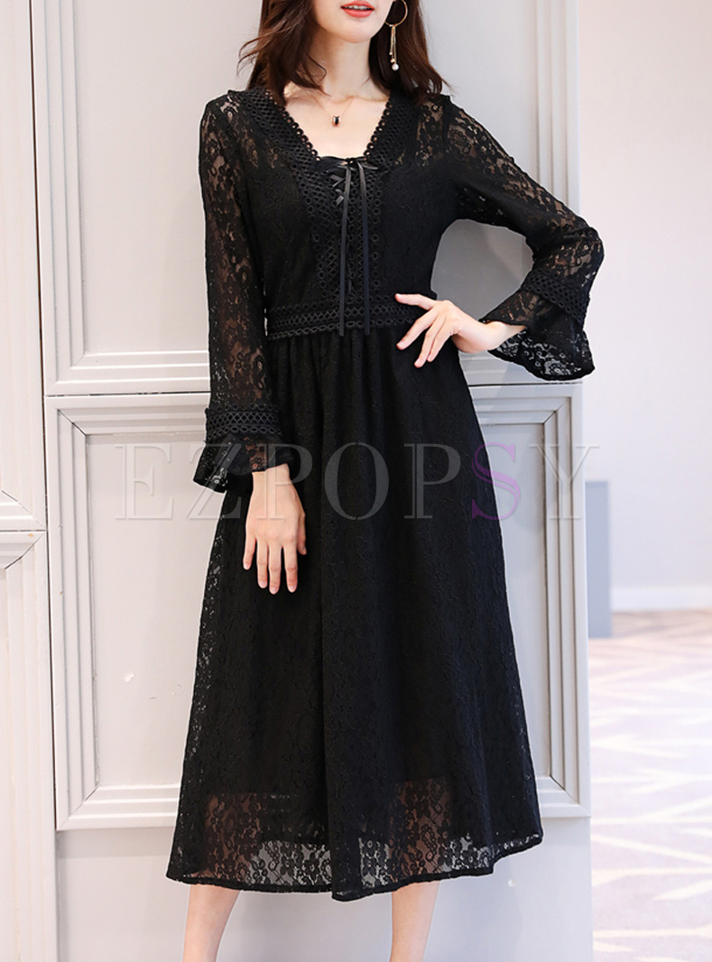 Elegant Lace V-neck Flare Sleeve A-line Dress