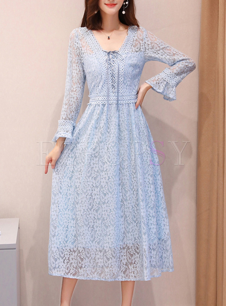 Blue Lace V-neck Flare Sleeve A-line Dress