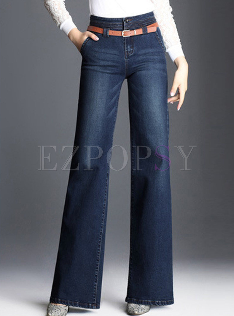 Dark Blue Casual With Pockets Wide Leg Pants
