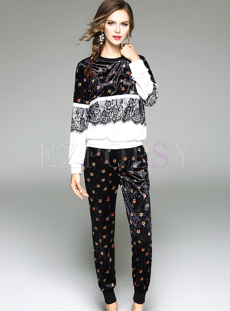 Cute Print Velvet Patchwork Two-piece Outfits