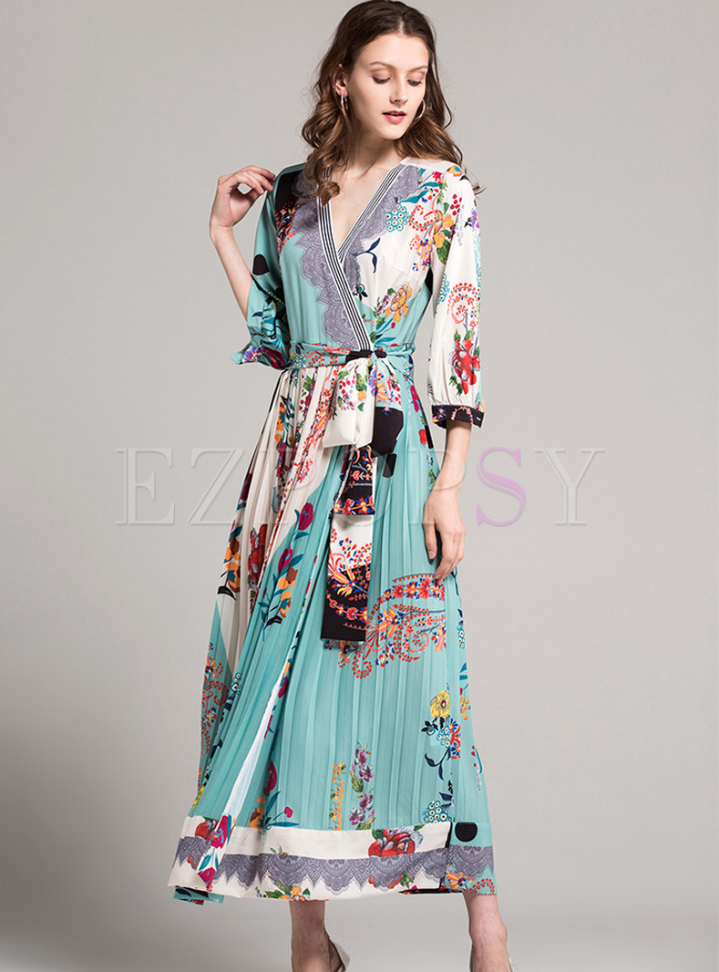 Street Multicolor Print V-neck Maxi Dress