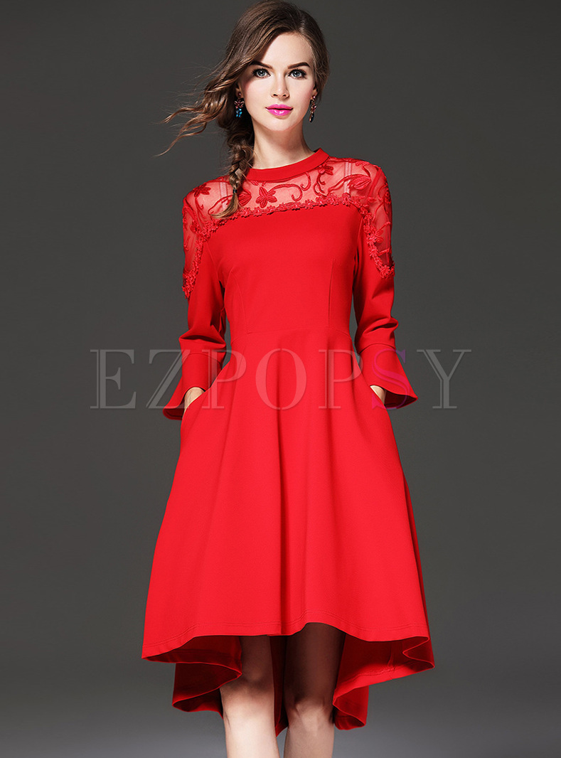 Red Lace Perspective Flare Sleeve A-line Dress