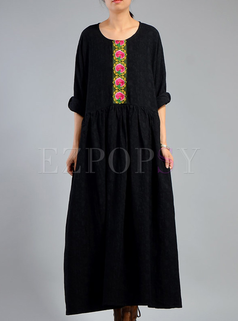Black Casual Embroidery Patchwork Maxi Dress